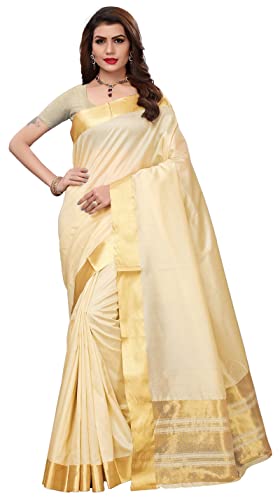 IMTRA FASHION Indischer Damen Sari Aus Baumwolle Und Polyester Seide Traditioneller Sari Mit Bluse-Creme-KERALA COTTON