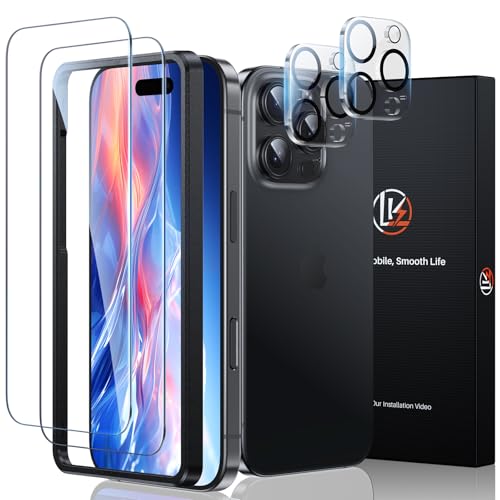 LK Schutzfolie für iPhone 16 Pro Panzer Schutz Glas, 2 Stücke Panzerfolie und 2 Stücke Kamera Schutzglas, 9H Härte Folie mit Rahmen-Installationshilfe, HD Klar, Anti- Kratzer, Bläschenfrei Folie