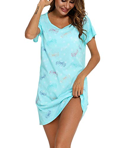 ENJOYNIGHT Nachthemd Damen Kurzarm Baumwolle Schlafshirt Sommer Sleepshirt Kurz Nachtwäsche Nachtkleid Weiche Schlafhemd (X-Large,Blauer Schmetterling)