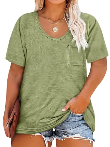 Cicy Bell Damen Große Größen T-Shirt Kurzarm Rundhalsausschnitt Oversized Sommer Tops Plus Size Lockere Oberteil mit Taschen(Grün,XXXXL)