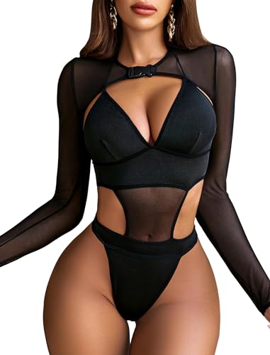 Avidlove Sexy Dessous Bodysuit Rave Outfits für Damen Schnalle Achselzucken Bauchfreies Top Set Schwarz M