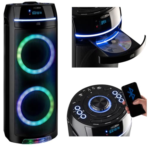 REFLEXION PS10BTCD Mobiler Bluetooth Partylautsprecher, LED Discobeleuchtung, mit eingebauten CD-Player, vielseitige Anschlüsse, Akku für 10 Stunden Musik, Schwarz