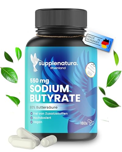 Butyrate Kapseln (180 Kapseln) PREMIUM: 550mg je Kapsel mit 80% Buttersäure | Sodium Butyrate Kapseln - Deutsche Herstellung - SUPPLENATURA®