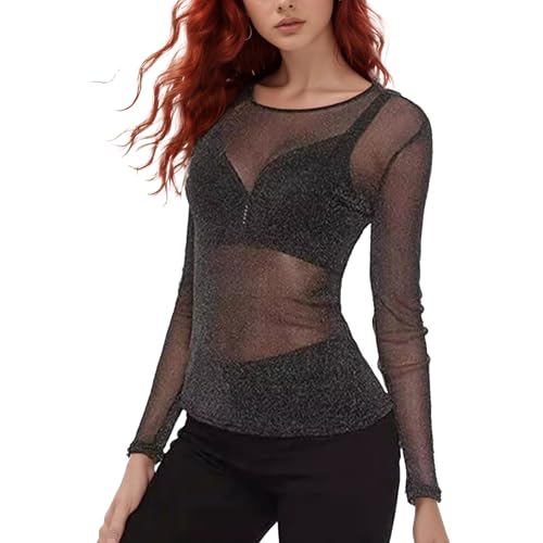 Mesh Oberteil Damen, Glitzer Mesh Top Netzoberteil Transparent Langarmshirt Durchsichtige Schwarz Mesh Sheer Oberteile für Clubwear Party (S)