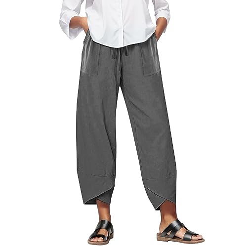 Haushose Damen Freizeithosen Lässig Hose Outdoor Jogginghose Elastisch Taille Weite Bein Freizeit Outdoorhose Lang Relaxhose Bequeme Mit Druck High Waist Freizeithose Baumwolle (Grau, S)