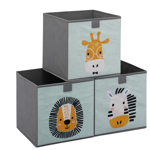 Navaris Kinder Aufbewahrungsbox 3er Set - Regal Aufbewahrung 28 x 28 x 28 cm Spielzeugkiste - 3X Spielzeug Box faltbar für Kinderzimmer - Tier Motiv Kisten mit Griff - Toy Box Set