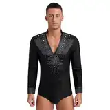 Sywiyi Herren Latein Hemd Samba Rumba Oberteil Bodysuit Langarm Glitzern Hemdbody Trikot mit V-Ausschnitt Männer Standard Tanz Kostüm Schwarz XXL