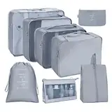 OSDUE Koffer Organizer Set 8-teilig, Packing Cubes, Wasserdichte Reise Kleidertaschen, Packtaschen für koffer, Verpackungswürfel mit Kosmetiktasche, Schuhbeutel, USB Kabel Tasche (Grau)