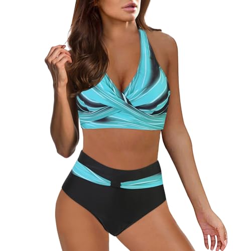 Bikini Damen Set High Waist Bauchweg Bauchkontrolle Crossover Oberteil Große Brüste Blumenmuster Zweiteiliger Badeanzug Push Up Bikini-Sets Sport Bademode für Frauen