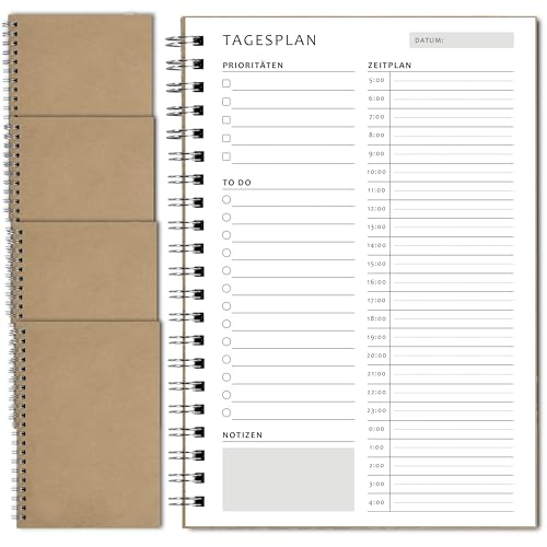 BIROYAL Zeitmanagement Handbuch, 4 Stück Tagesplaner, 100 Seiten Terminplaner, 14x21cm To Do Liste, Daily Planner Spiralblock, Notizblöcke Terminplaner Notizbuch für Reise Schule Organizer
