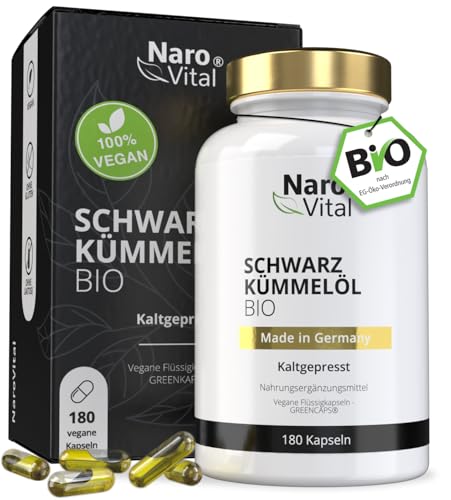 Bio Schwarzkümmelöl Kapseln kaltgepresst & naturbelassen - 180 vegane Flüssigkapseln - 1000mg ägyptisches pro Tagesdosis - davon 50% Linolsäure - Hochdosiert - Nigella sativa - Black seed oil