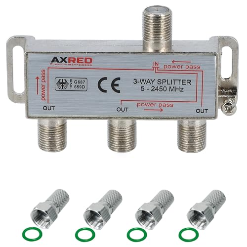 AXRED Sat Verteiler 3fach + 4X Anadol F-Stecker, für Verteilung von 1 Antennensignal auf 3 Endgeräte (Receiver/Fernseher/UKW Radio) 3-Fach Satverteiler Sat Splitter Satswitch Antennenverteiler