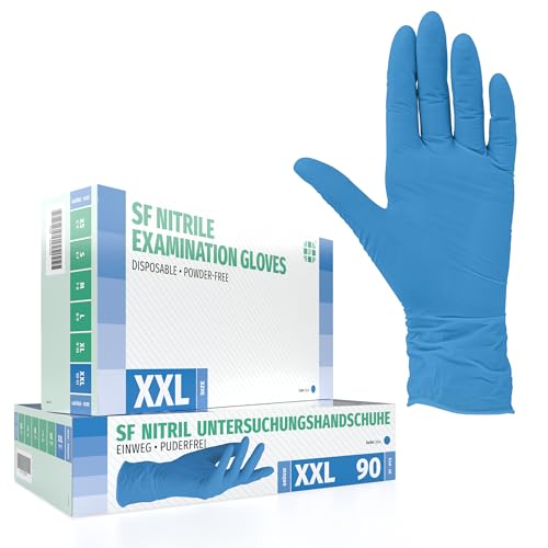 SF Nitrilhandschuhe XXL Blau – 90 Stück Einweghandschuhe, Einmalhandschuhe, Medizinische Handschuhe, Puderfrei, Latexfrei, Handschuhe Einweg zum Kochen, Putzen, für Medizin, Küche, Kosmetik, Haushalt