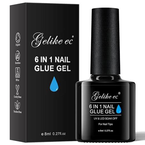 Gelike ec Nagelkleber Für Kunstnägel,6 in 1Clear Extra Stark Nail Glue Für Press On Nail Glue Gel For Nail Tips Nagelkleber Gel Für Fake Nails-Brauchen Ausharten Unter UV Nagellampe 8ML