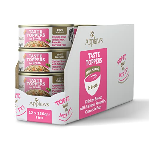 Applaws Taste Toppers 100% natürliche Wet Dog Food Topper, Huhn mit Lachs und Gemüse in Brühe 156g Tin (12 x 156g Dosen)