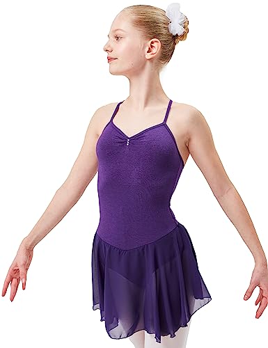 tanzmuster Kinder Ballettkleid Maja - süßer Spaghetti-Träger Ballettbody mit Chiffon Röckchen und Glitzersteinen in lila, Größe:164/170