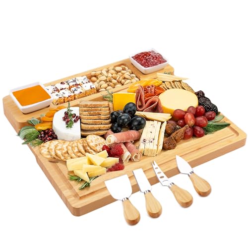 Käsebrett aus Bambus mit Käse Werkzeugen, charcuterie Board, Käseplatten-Set, Serviertablett für Weincracker, Brie und Fleisch, Bambusheber, Einzugsgeschenk für Leckereien und Weihnachten