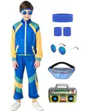 Hislovy 80er Jahre Kostüm Kinder,90er Jahre Outfit Trainingsanzug Jungen Mädchen Halloween Karneval, Blau, 146