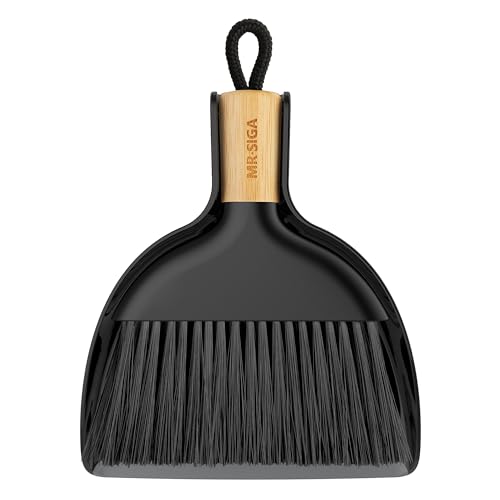 MR.SIGA Mini Kehrschaufel und Bürste Set, Tragbare Reiniqungsbürste und Kehrschaufel Combo mit Bambusgriff, Schwarz, 1 Set