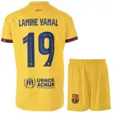 Hawkara Barcelona 2024/2025 Yamal #19 Kinder Auswärts Trikot mit Kurz, Neu Saison, Fußball Trikot Set Jugendgrößen (Gelb,152)