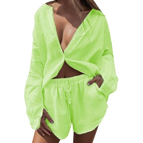 Zweiteiler Damen Elegant, Sommer Bluse und Shorts, Lounge Set Reverskragen Lange Ärmel Leinen Set Kuschelig Luftige Sport Outfit Einfarbiges Schicke 2 Teiler Kleidung Lässig Locker Strand Suit Urlaub