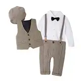 Taufanzug Junge Baby Neugeborenes Taufe Geburtstag Festliche Hochzeit Anzug Langarm Fliege Overalls Strampler+Weste+Mütze 3tlg Bekleidungssets klamotten Taufbekleidung Babykleidung Braun 3-6 Monate