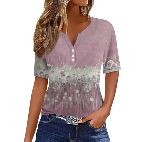 Meine Bestellungen Anzeigen Compression Shirt T Shirt Kleid Damen Pride Shirt V-Ausschnitt Henley Bluse Mit Knopfleiste Blumenmuster Basic Shirt Oberteile Damen Sommer (Rosa, L)