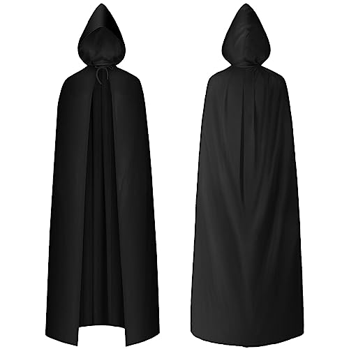 AOOWU Schwarzer Umhang, Vampir Umhang mit Kapuze Erwachsene, Umhang kostüm Cape Satin Herren Damen, Mantel für Halloween Weihnachten Karneval Kostüm(einseitig)