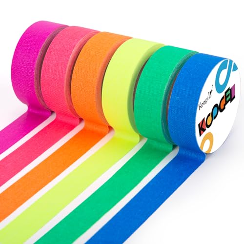 Koogel 12 Stück Neon Klebeband, 6 Farben- Fluorescent Tape UV Schwarzlicht- Fluoreszierendes Gaffer Tape Neon- Bunte Gewebeband für Partydeko Halloween Handwerk（5m x15mm）