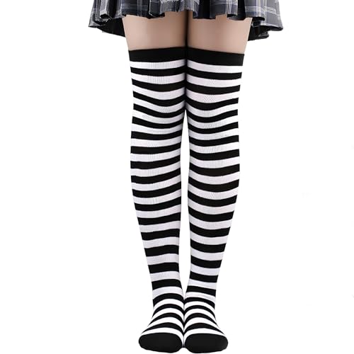 COLOFALLA 1 Paar Karneval Kniestrümpfe Damen Schwarz Weiß Streifen Polyester Kniestrümpfe Damen Modern 36-42 Zubehör für Karneval Party Cosplay Halloween