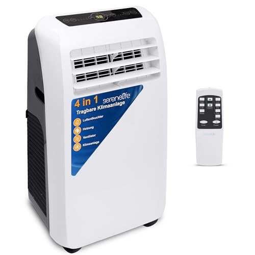 SereneLife Klimaanlage mobil 4-in-1: Luftkühler, Ventilator, Luftentfeuchter + Heizung – Tragbares Klimagerät mit Abluftschlauch, Fernbedienung & Kit für Räume bis 42 m² – Fenster-Montage 9,000 BTU