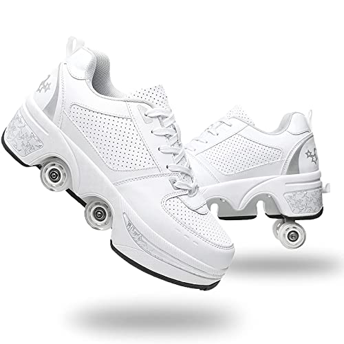 Roller Skate Shoes Rollschuhe Schuhe Mit Rollen Skateboardschuhe,Inline-Skate, verstellbar Damen Schuhe mit Rollen für mädchen (37, White Silver)