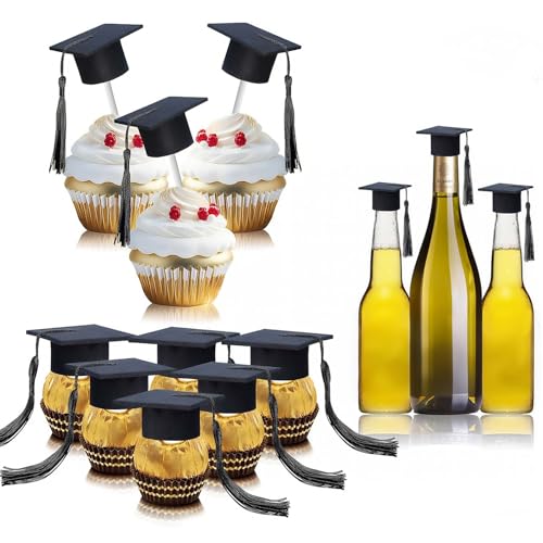 12 Stück Schwarz Cake Topper Abschluss Hut Torten Deko, Bachelor Hut Tortendeko, Mini Weinflasche Deko mit Schwarz Quasten, Abschluss Kuchen Deko für Graduation Party, Abschlussfeier (A)