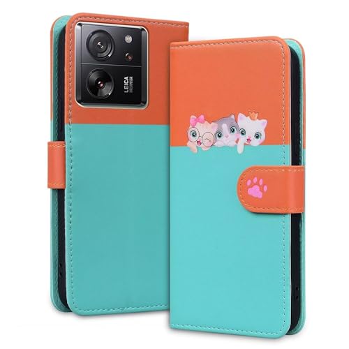 Rnrieyta Miagon für Xiaomi 13T Pro/13T Hülle,Cartoon Hund Katze Handyhülle Gespleißt Brieftasche Klapphülle mit Kartenfach Ständer PU Leder Flip Case Cover Magnetverschluss,Blau