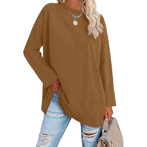 Oversize Langarmshirt Damen Longshirt Langarm Rundhals T-Shirt Sommer Einfarbig Elegant Lang Oversized Tshirt Vintage Basic Casual Lose Oberteile Tops Frauen Lässig Weiss Schwarz Tee Shirts Bluse