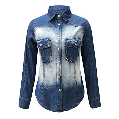 KEERADS Damen Distressed Denim Shirt Knopf Langarm Tasche Patchwork Mantel Bluse