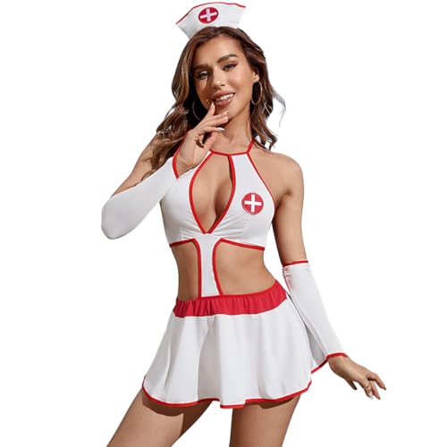 Satohom Sexy Outfit für Damen Cosplay Krankenschwester Kostüm Tiefes V Rückenfrei Neckholder Babydoll Dessous Set, Hosenträger Bodycon Reizwäsche Minirock Pflegeuniformen Mit Manschetten