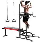 Dip Station Power Tower, Multifunktionale Kraftturm mit klappbarem Hantelbank, Klimmzugstange für Krafttrainingsgeräte für Heim-Fitnessstudio, inkl. Trainingsbänder, Ladekapazität bis zu 200KG