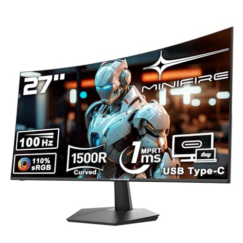 Minifire Curved Monitor 27 Zoll 100Hz, PC Bildschirm mit Lautsprecher -1500R FHD (1920 x 1080p) VA Panel, MPRT 1ms, sRGB110%, Less Blue Light, HDMI 1.4, Type-C 2.5W, unterstützt VESA - Schwarz
