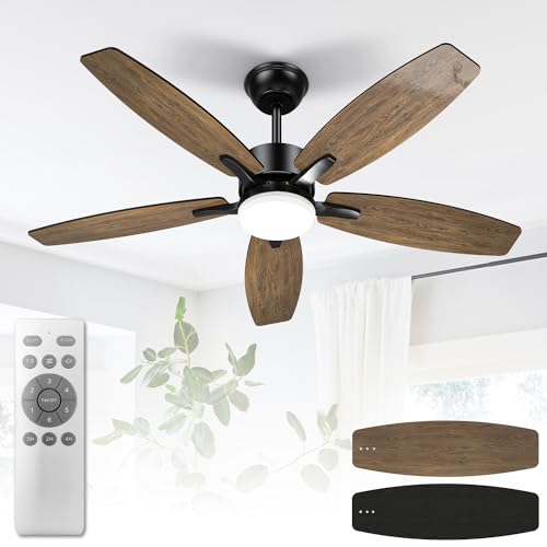 Mefine Deckenventilator mit Beleuchtung und Fernbedienung Leise, 106 cm Deckenventilatoren mit LED Lampe mit 5 Holz Ventilatorflügeln, Holzmaserung/Schwarz, Timer, für Schlafzimmer Wohnzimmer