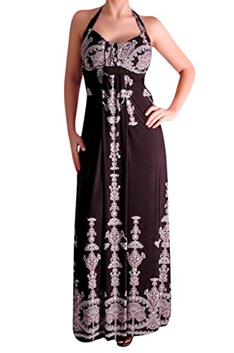 EyeCatchClothing - Verführerisches langes Kleid mit Nackenhalter und Aufdruck Schwarz M/L