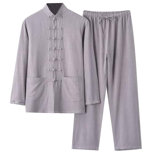 Herren Anzug Chinesischer Stil Traditionelle Kampfkunst Kung Fu Tai Chi Tang Anzug Leinenanzug 2 Teiler Langarm Baumwolle Leinen Hemd und Hose Leichte Atmungsaktiv Sommer Freizeitanzug Jogginganzug