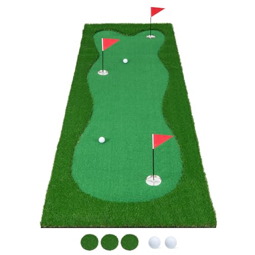 COSTWAY 300 x 100cm Golf Puttingmatte, Golfmatte mit Kunstrasen, 2 Bälle, 3 Löcher, 3 Fahnen & Putting Cups, Übungsmatte faltbar für Indoor & Outdoor, Putting Green Golf Trainingsmatte für Zuhause