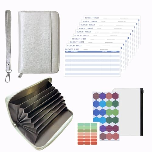 Budget Geldbörse,Budget-Planer,Cash Stuffing Savings Challenge,RFID-Schutz, Cash Umschlag Geldbörse, All in One Budget-System mit 12 Budget-Blätter,Kategorie Label und Handgelenk 19cm*13cm (Silber)