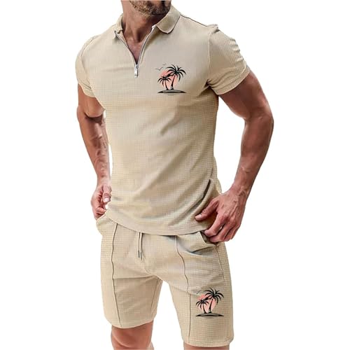 Mfhmom Herren Trainingsanzug Poloshirt und Shorts 2-Teiliges Sommer Outfits Set Palmen Strand Drucken Jogginganzug Business Polo Hemd + Kurze Hose Atmungsaktive Freizeitanzug Sweatsuits Tracksuit