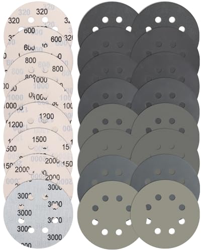 JatilEr 24 Stück Schleifpapier 125mm Klett, 8 Loch Nasse Trockene Schleifscheiben Körnung 320/600/800/1000/1200/1500/2000/3000 Fein Exzenterschleifer Schleifpapi Set für Auto Metall Holz