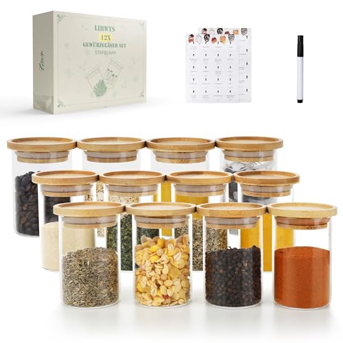 LIBWYS 12er Stapelbare Gewürzgläser Rund mit Bambus Deckeln, 180ml Gewürzdosen Set, gewürzglas mit 120 Etiketten – Gewürzbehälter Spice Jars aus Borosilikatglas für Gewürze, Zucker