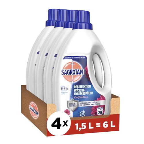 Sagrotan Wäsche-Hygienespüler Duftedition – Desinfektionsspüler für hygienisch saubere und frische Wäsche – 4 x 1,5 l Reiniger