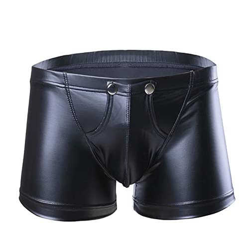 Caxndycing Herren Boxershorts Leder Optik Vinyl Wetlook sexy Unterwäsche, Reizwäsche für Männer Clubwear Shorts Pants Front Pouch mit Druckknöpfe Schwarz Latex ähnlich