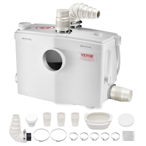 VEVOR Hebeanlage 1200 W, 180 L/min Durchfluss, 10 m Förderhöhe, Schmutzwasserpumpe mit 4 Wassereinlässen, Abwasserhebeanlage für Toilette, Keller, Dusche, Waschbecken, Waschküche, Badewanne